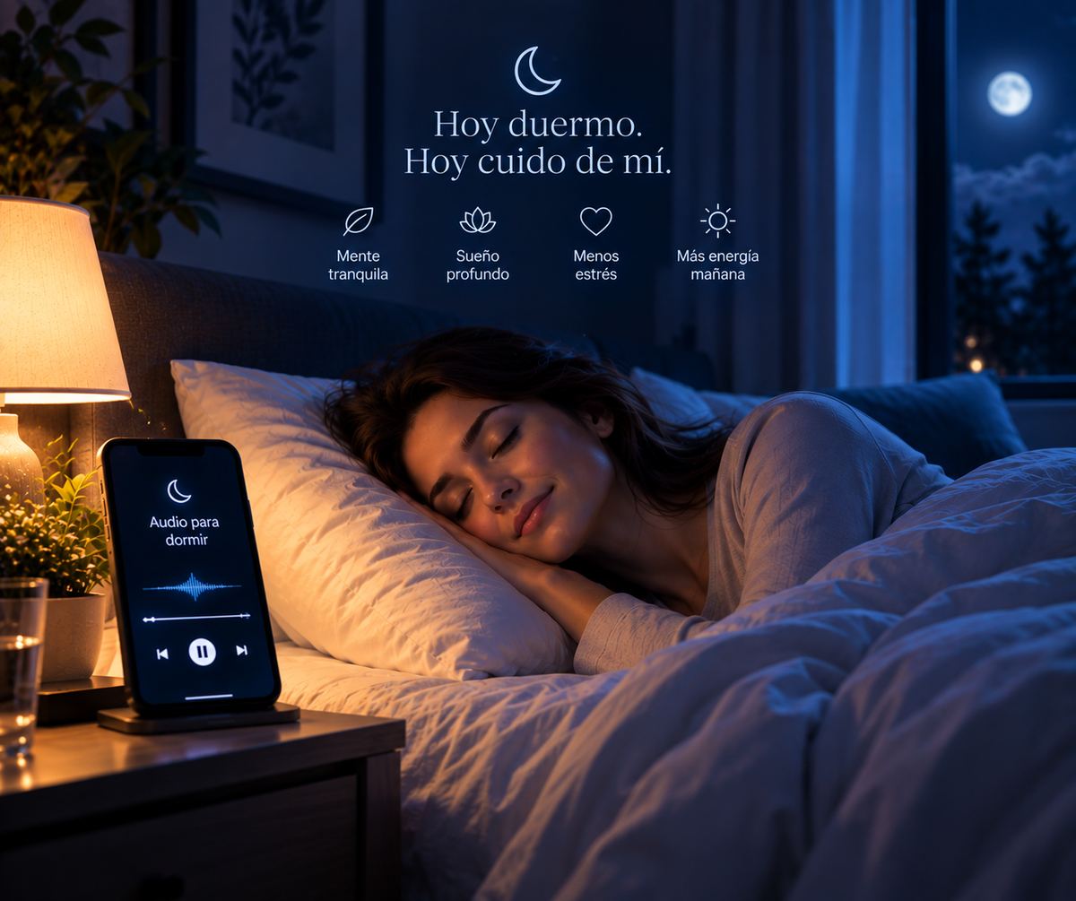 Mujer durmiendo tranquila con el audio para dormir en el celular